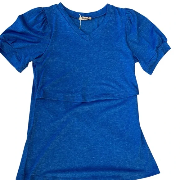 CzzzyL Women’s Nursing Blouse Blue V-Neck Puff Sleeve Top | Size Small | NWT - Picture 2 of 11